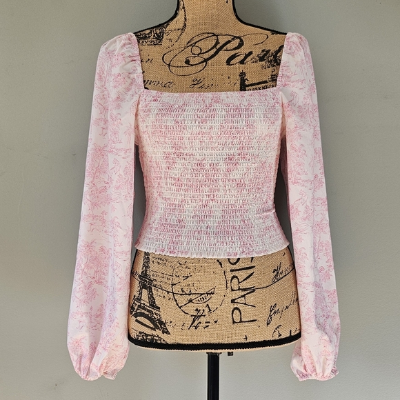 BCBGeneration Pink Square Neck Puff Sleeve Rouched Top Small - Picture 1 of 7